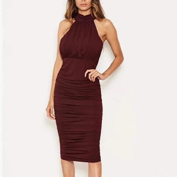 Armani Exchange Plum Burgundy Ruched Halter Midi Dress NWT Size 14 - Picture 2 of 13